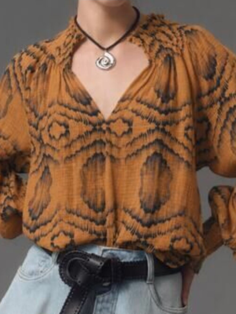 Anthropologie Porridge Orange Black Ruched Puff Sleeve Blouse | Size L